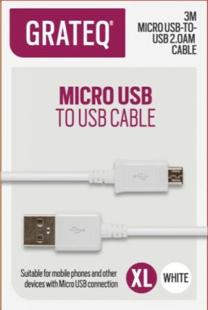 GRATEQ USB-A - MICRO-USB KAAPELI 3.0M VALKOINEN