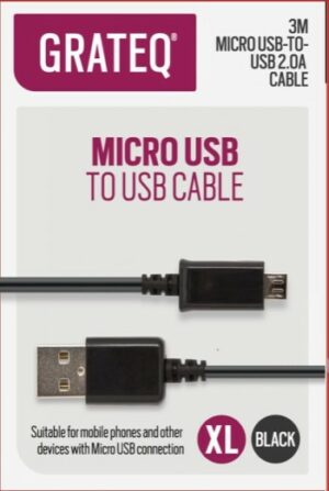 GRATEQ USB-A - MICRO-USB KAAPELI 3.0M MUSTA