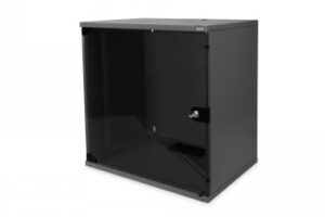 DIGITUS 12U WALL MOUNTING CABINET, SOHO, UNMOUNTED 595X540X400 MM, GLASS FRONT DOOR, BLACK (RAL 9005)